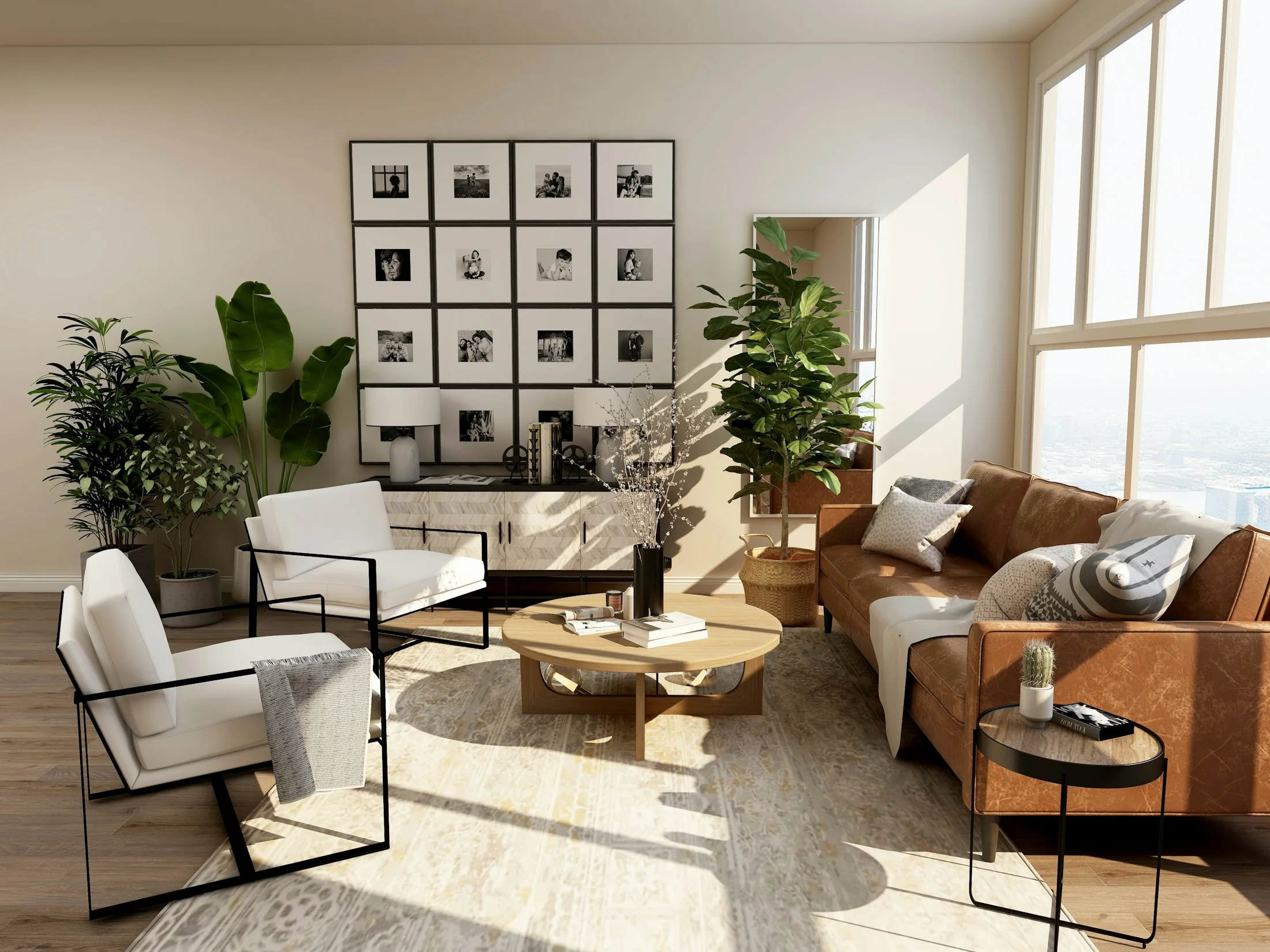 An inviting living room with natural textures, considered furnishings and warm daylight